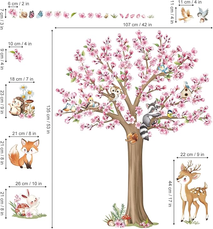decalmile Woodland Animals Large Flower Tree Wall Decals Cherry Blossom Deer Fox Wall Stickers Baby Nursery Kids Bedroom Living Room Wall Decor