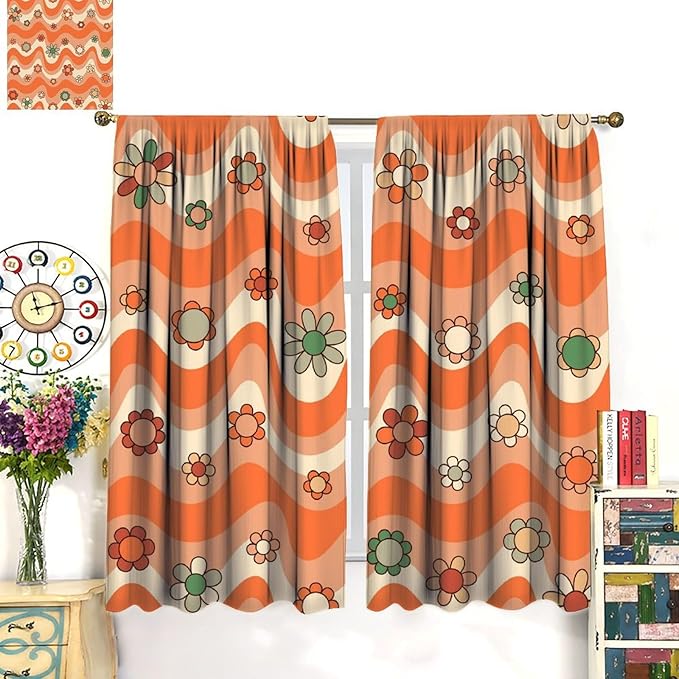 70s Boho Retro Curtains for Bedroom,Groovy Vintage Floral Rainbow Window Treatments Drapes for Kids Girls Window 72"" W X 63"" L, Style-6