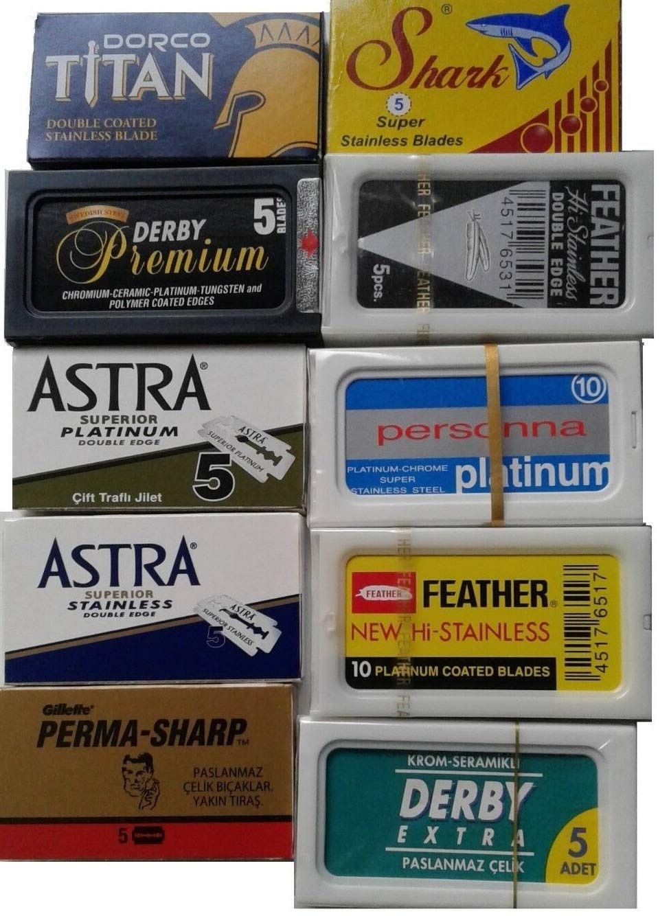 100 Shaving Safety Razor Double Edge Blades of 10 Top Brands - Feather ASTRA PERSONNA.Sampler Pack