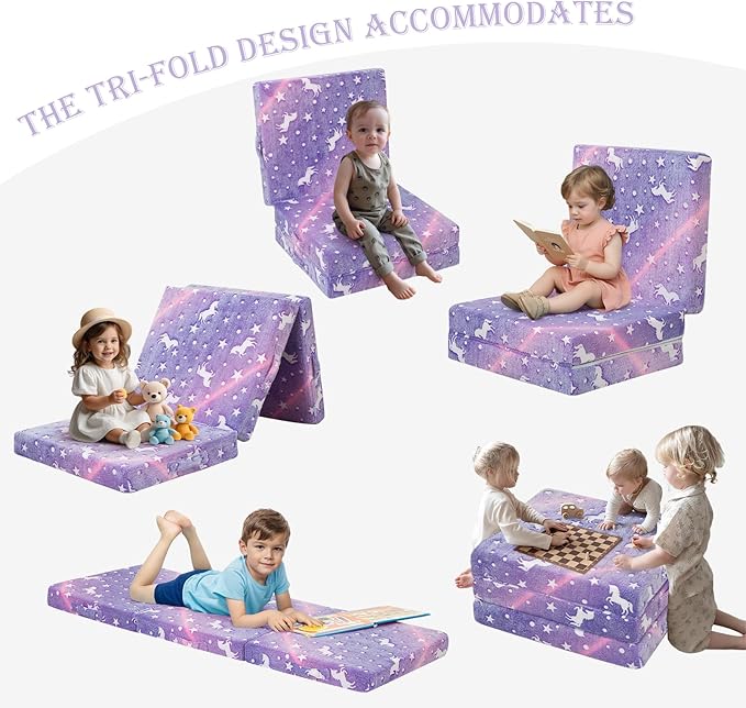 MeMoreCool Foldable Floor Mattress for Kids, Glow Unicorn Toddlers Trifold Nap Mat, Kids Folding Mattress Portable Sleeping Futon for Daycare or Floor Bed, 57x22 Inch Purple