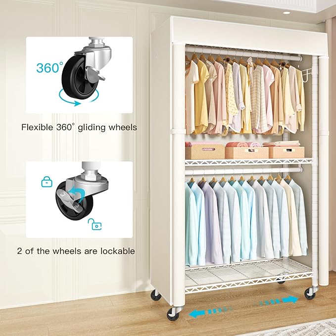 FUTASSI White Clothing Rack with Beige Cover, P1C Rolling Closets with Wheels, Metal Garment Rack for Hanging Clothes, Clothing Storage Wardrobe, 36.2" W x 16.5" D x 80.5" H, Load 450 Pounds