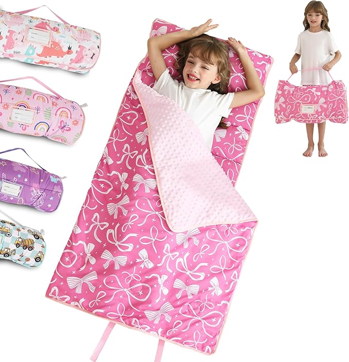 Toddler Nap Mat for Preschool 50''x30'' Sleeping Mat with Removable Pillow and Minky Blanket for Kids Ages 3-7 Roll Up Soft Sleeping Bag for Boys Girls Kindergarten Daycare Sleepover