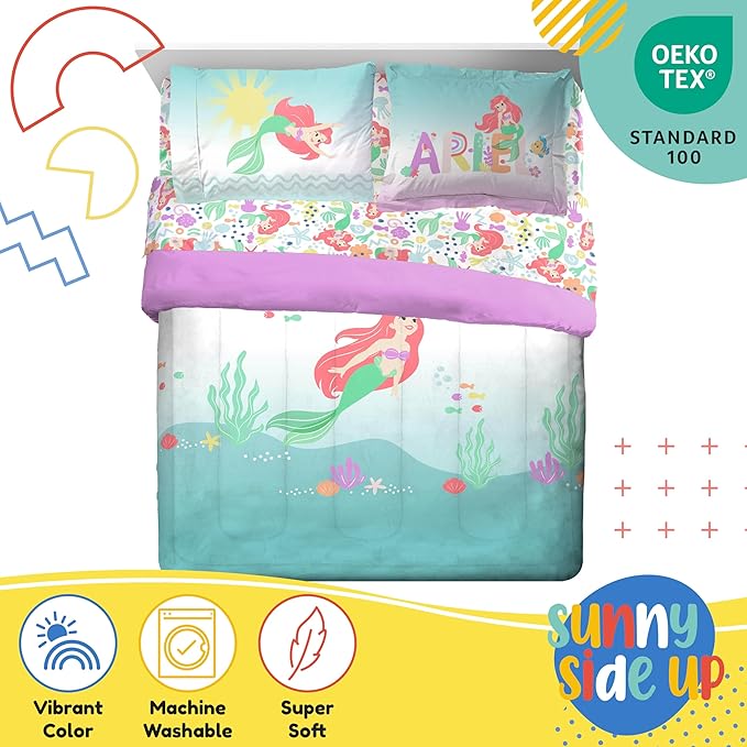 Sunny Side Up Disney The Little Mermaid Full Comforter Set - 7 Piece Kids Bedding Includes Comforter, Sheets & Pillow Cover - Super Soft Ariel Microfiber Bed Set