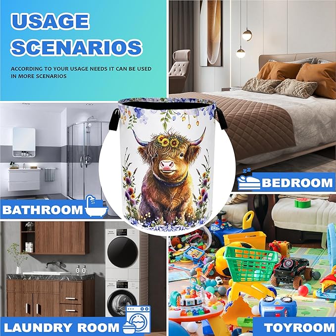 Highland Cow Laundry Basket Oxford Cloth Cattle Flowers Laundry Hamper With Handle Foldable Portable Clothes Storage Basket 18.9 X 16.5 Inch Storage Bag For Laundry Room/Bathroom/Bedroom/Dormitories