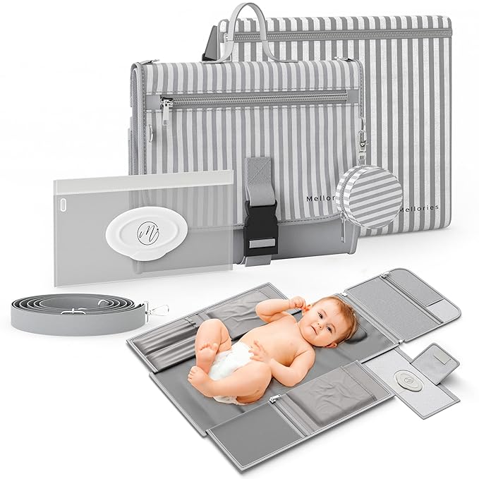 Portable Diaper Changing Pad - Large, Waterproof Travel Changing Pad for Baby with Extra Storage, Wipes Pocket & Pacifier Case - Portable Diaper Changing Station - Gray Striped