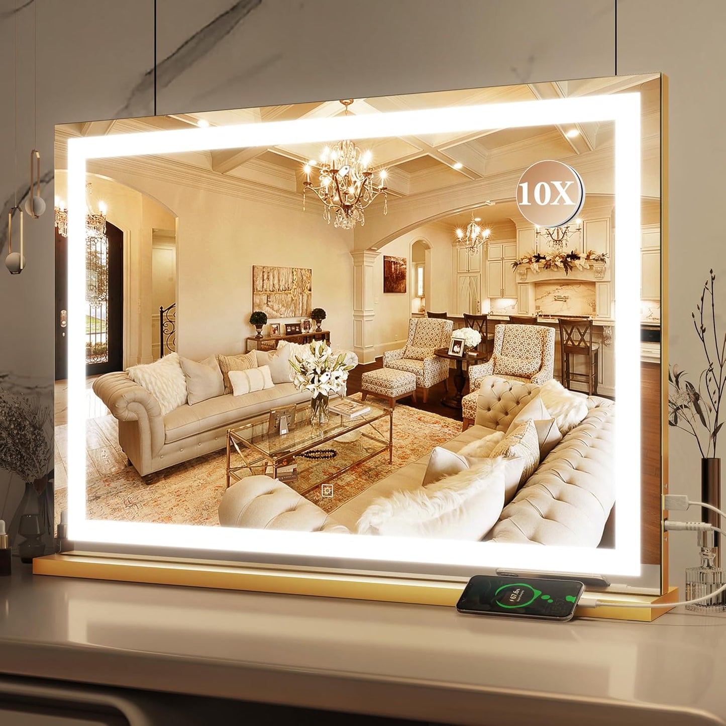 Vanity Mirror with Lights, 32" x 22" Large Lighted Vanity Mirror with Dimmable 3 Modes, LED Makeup Mirror, 10X Magnification, USB Charging Port, Tabletop or Wall-Mounted Square Gold