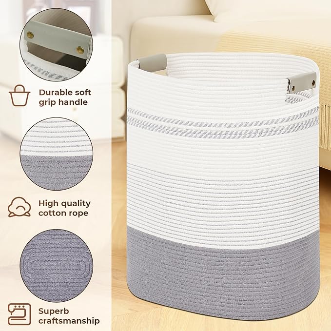 Laundry Basket with Handles - Blanket Basket & Hampers for Bedroom Aesthetic, Laundry Hamper & Blanket Storage for Living Room, Clothes Hamper, Tall, Large 17" x 14" x 22”, Grey