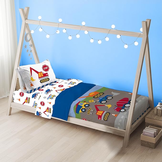 Sunny Side Up Construction Zone Toddler Comforter Set - 4 Piece Preschool Bedding Includes Comforter, Sheets & Pillow Cover - Super Soft Vehicles Microfiber Bed Set