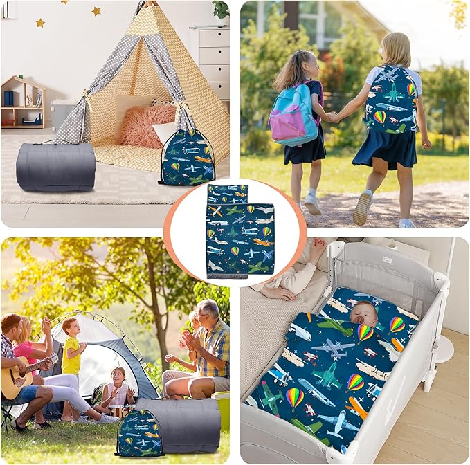 Cute Toddler Nap Mat with Pillow & Blanket，Soft Rolled Napping Mats for Boys and Girls