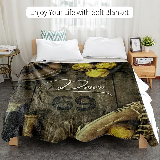 Personalized Baby Softball Bed Blanket: Custom Name and Number Sport Blankets for Toddler Boys Girls Adults Mothers Fathers Birthday Christmas Easter Gift(50x60inch)