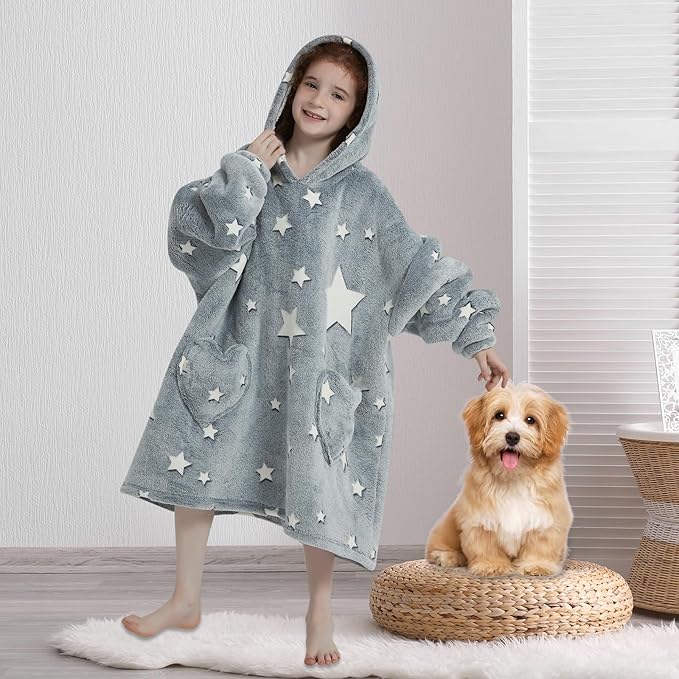 Fiosnow Glow in the Dark Star Blanket Hoodies for Kids 6-13YR Oversize Wearable Blanket Hoodies for Boys Girls Teens