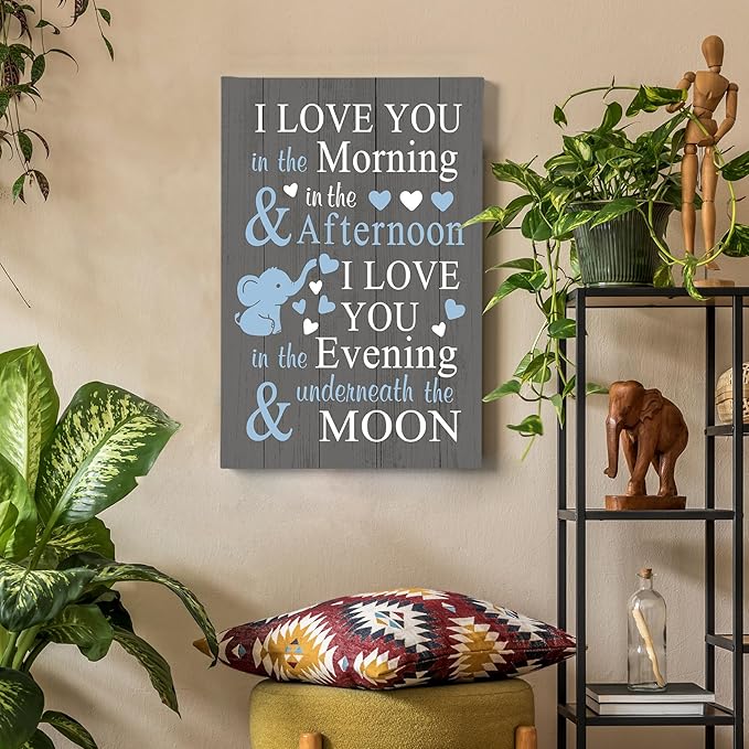 HIWX Baby Elephant Nursery Decor, I Love You In The Morning Sign Framed Canvas Painting Wall Art Decor, Elephant Wall Art, Baby Wall Art Home Decoration For Room Bedroom 14x16