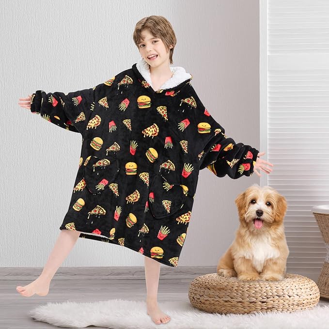 Fiosnow Pizza and Chips Blanket Hoodies for Kids 6-13YR Oversize Wearable Blanket Hoodies for Boys Girls Teens