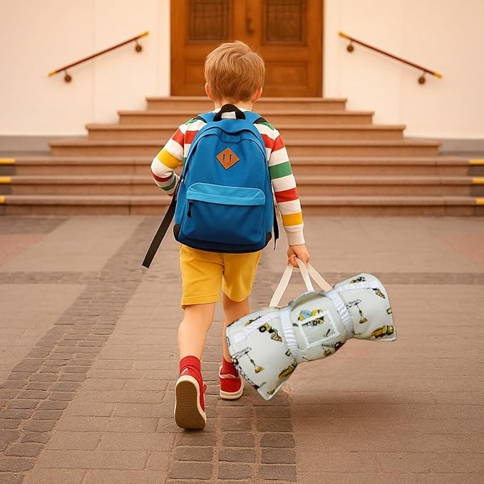 Toddler Nap Mat with Pillow and Blanket, Preschool, Nursery Sleeping Mat, Portable Bed for Kids, Ultra Soft Cotton, Fleece, Minky, Machine Washable, Travel Friendly, Kids Sleeping Bags, Cream.