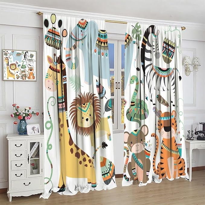 Jungle Tribal Animals Curtains, Southwest Aztec Cartoon Funny Zoo Animals Giraffe Lion Elephant Zebra Tiger Print Thermal Insulation Window Drapes for Kids Boys Girls Bedroom Living Room 63x63in