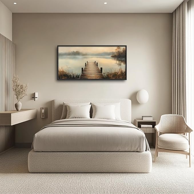 Olivine Large Wall Art, Retro Lake Pictures Wall Decor, Pier Painting, Nature Landscape Canvas Prints, Framed Artwork for Bathroom Bedroom Living Room Office Home Decoration 60"x30"