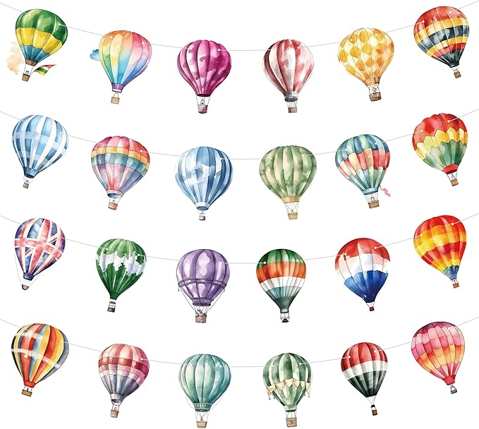 4 Packs Hot Air Balloon Theme Garland Banner Set – Watercolor Balloon Party Banner Balloons Birthday Bunting Decor for Wedding, Baby Shower,Adventure Theme Party,Travel Themed Celebrations, 24 Styles
