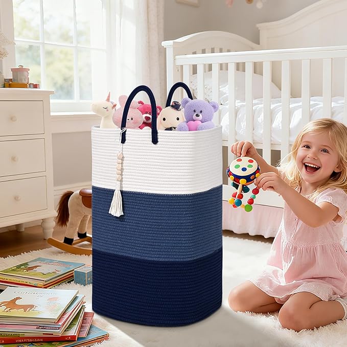 Woven Laundry Basket for Clothes,65 L Large Rectangle Laundry Hampers with Beads Tassel, Nursery Storage Basket for Toys, Tall Dirty Clothes Hamper for Bedroom Aesthetic, Laundry Room Organization