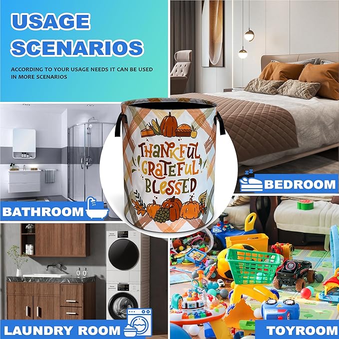 Thankful Grateful Blessed Laundry Basket Oxford Cloth Laundry Hamper With Handle Foldable Portable Clothes Storage Basket 18.9 X 16.5 Inch Storage Bag For Laundry Room/Bathroom/Bedroom/Dormitories