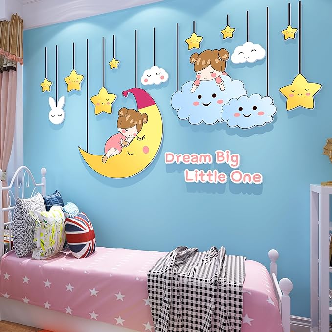 3D Stars Moon Wall Stickers for Girls Room Decor Wall Decals Peel and Stick for Girls Bedroom Large Pink Princess Pictures Kids Murals Wallpaper Art Inspirational Decor for Nursery Toddler