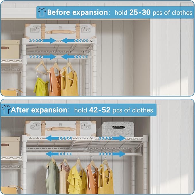 VIPEK X1 Expandable Clothes Rack Heavy Duty Adjustable from 2' to 3'5" with Flexible Shelves and Hanger Rods Metal Garment Racks Portable Closet Rack Clothing Racks for Hanging Clothes, White