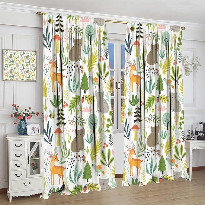 Cartoon Forest Kids Blackout Curtains,Cute Woodland Wild Animals Colorful Deer Plants Trees Print Pattern Thermal Insulation Window Drapes for Nursery Boys Girls Bedroom,White Background 63x63in
