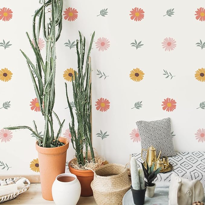Daisy Wall Decals Boho Flower Wall Stickers 72 PCS for Girls Room Playroom Nursery, Removable Daisy Wall Decal Boho Peel and Stick Kids Room Decor Vinyl Murals DIY Decorations (12 Sheets)