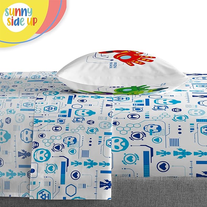 Sunny Side Up Kids Comforter Set Includes Sheets and Pillow Covers - Soft and Cozy Bed Set for Stylish Room Decor, Blue - Iron Man and His Awesome Friends, 5 Piece Twin Size Bedding