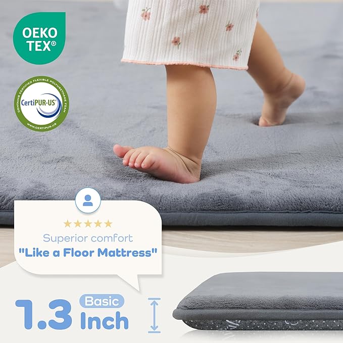 1.3" Thick Baby Floor Play Mat 59x71, Basic Padded Foam Mat for Tummy Time Crawling, Non Slip Cushioned for Babies Toddlers Infants Kids (Dark Grey)