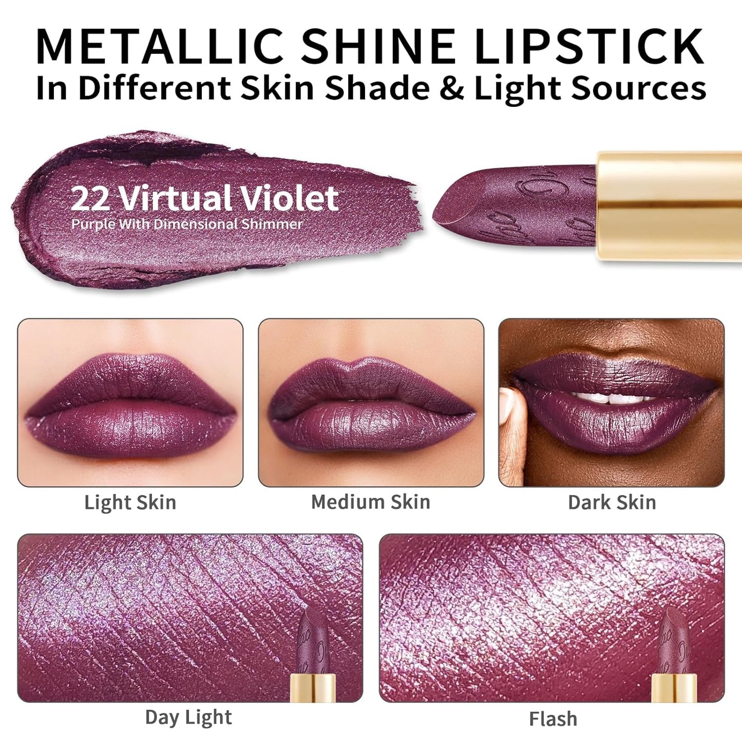 Oulac Purple Lipstick for Women with Metallic 3D Shine Lightweight Hydrating Formula, High Impact Lip Color, Vegan & Gluten Free Beauty, Full Coverage Lip Makeup, Virtual Violet(22)