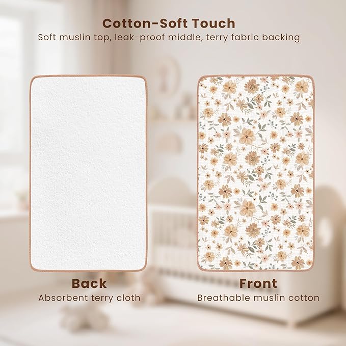 Konssy 2 Pack Waterproof Muslin Cotton Portable Changing Pad 30"x 17", Soft & Foldable Baby Changing Mat Travel Pad with Terry Backing, Shower Gift for Newborn Girls Boys (Toffee,Flourish)