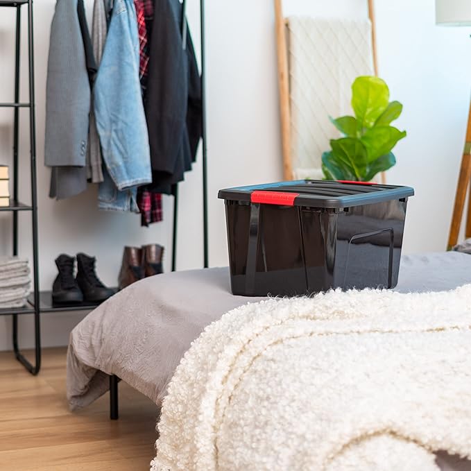 IRIS USA 40 Qt Stackable Plastic Storage Bins with Lids, 6 Pack - BPA-Free, Made in USA - Garage Organizing Solution, Latches, Durable Nestable Containers, Secure Pull Handle - Black