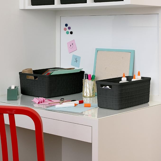 Curver Set of 8 Slim 6.8L Jute Decorative Plastic Organization and Storage Baskets - Perfect Bins for Home Office, Closet Shelves, Kitchen Pantry and All Bedroom Essentials, Black