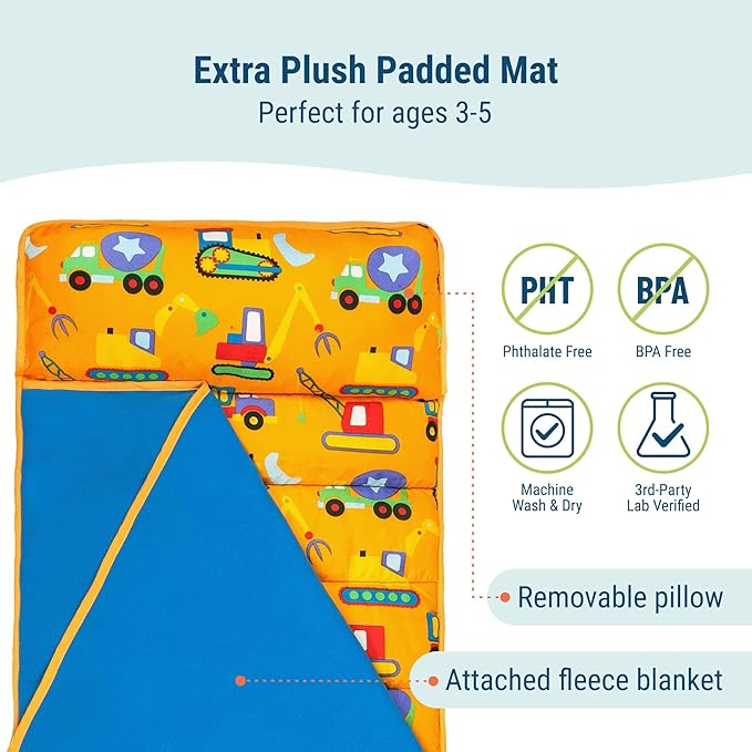 Wildkin 43-inch Kids Nap Mat – Soft Microfiber Toddler Sleeping Mat with Pillow
