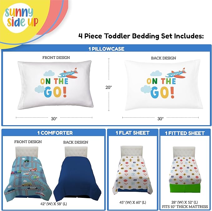 Sunny Side Up On The Go Toddler Comforter Set - 4 Piece Preschool Bedding Includes Comforter, Sheets & Pillow Cover - Super Soft Vehicles Microfiber Bed Set