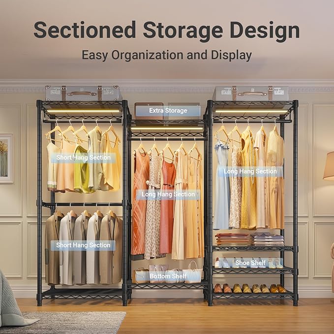 VIPEK V5L Garment Rack Heavy Duty Clothes Racks with Dimmable LED Light, 3000K Warm White, Portable Closet Wardrobe Freestanding Metal Clothing Racks for Hanging Clothes, Max Load 890lbs, Black