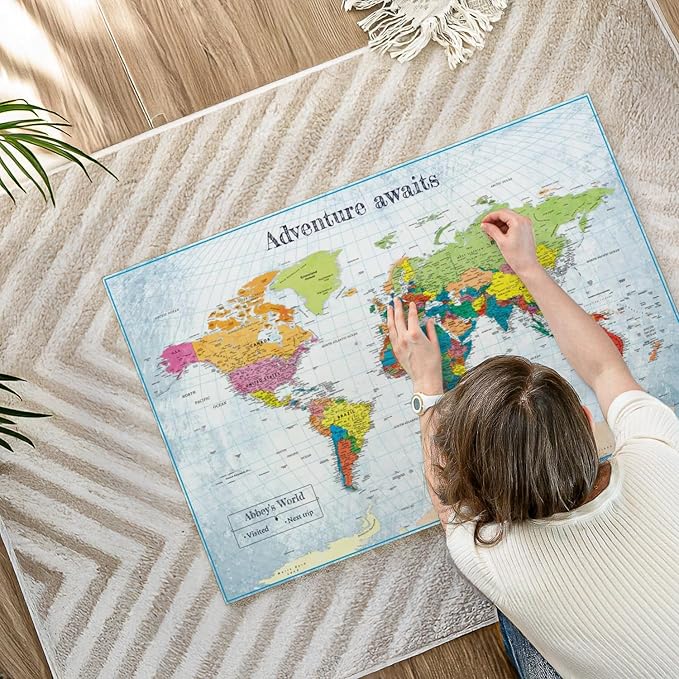 ElephantStock - Personalized Adventure Awaits IV Push Pin World Map Wall Art - Horizontal Canvas Wall Art - Living Room Wall Decor - Digital Art Map Canvas Art - Blue And Green Decor - 39" x 26"