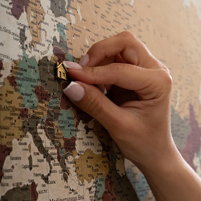 Canvas World Map with Cork Pin Board - English Lettering - Decorative Wall Decoration for All Rooms - Canvas Pictures with World Map Motif (120x80 cm, Pattern 12)