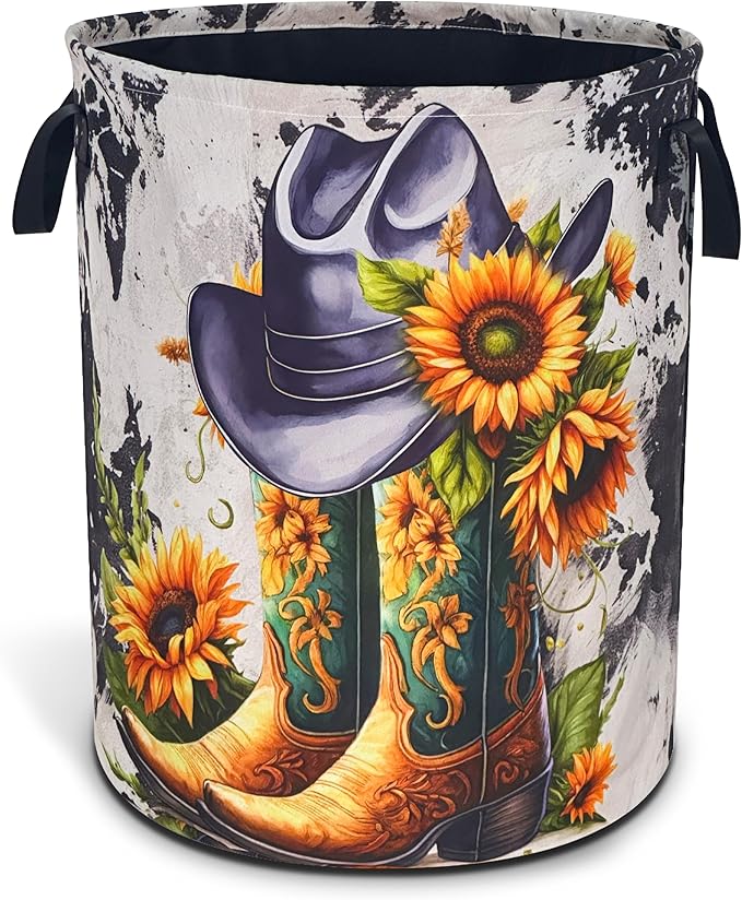 American Western Cowboy Hat Boots Laundry Basket Sunflower Oxford Cloth Laundry Hamper With Handle Foldable Portable Clothes Storage Basket 18.9 X 16.5 In Storage Bag For Laundry Room/Bathroom/Bedroom