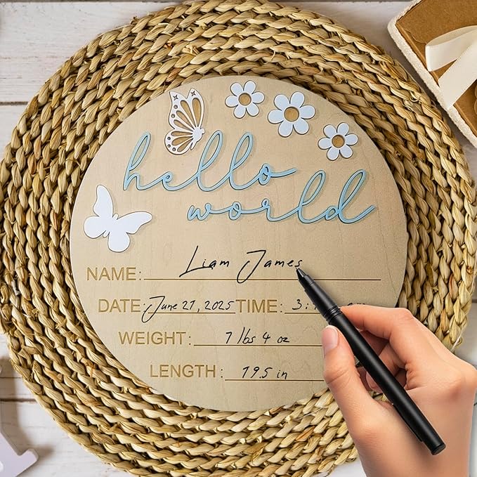 Hello World Newborn Sign - 5.9” Round Wooden Baby Announcement Sign with 3D Butterfly & Flowers - Keepsake Birth Gift for Baby Boy’s First Day, Hospital, Shower, or Nursery Décor (Blue)