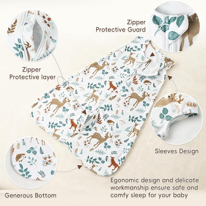 david's kids 3 Pack Warm Micro Fleece Baby Sleep Sack 6-12 Months, Soft Baby Wearable Blankets with 2-Way Zipper, Comfy Winter Sleeping Bags for Infant Newborn Boys Girls, Medium Size, Animal Forest