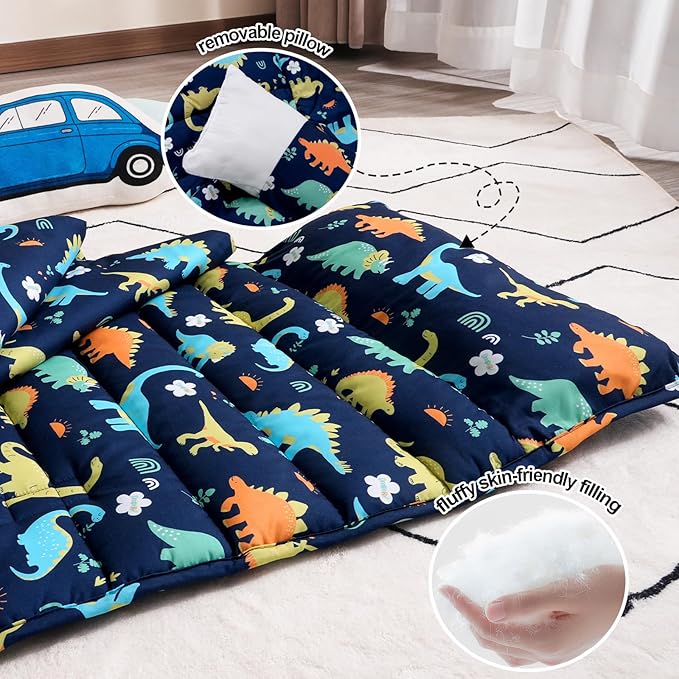 PHF Dinosaur Toddler Nap Mat Set, with Removable Pillow for Toddler Boys, Soft and Lightweight for Daycare, Preschool, Travel, Kindergarten Sleeping Bag, Fits Ages 3-6 Years, Dinosaur