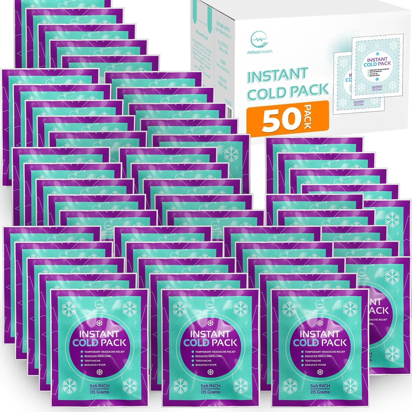 Disposable Instant Ice Cold Packs (6” x 5”) Bulk 50 Pack | Cold Compress Ice Pack for Pain Relief, First Aid & Outdoor