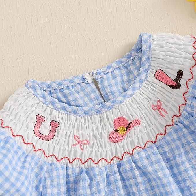 Baby Girl Smocked Western Romper Short Sleeve Bubble Rompers Summer Clothes Plaid Print Embroidery Bow Bodysuit Tops