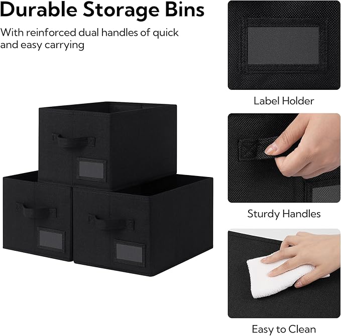 GRANNY SAYS Shelf Storage Bins, Fabric Storage Baskets for Closet and Clothes, Collapsible Storage Boxes with Handles, Decorative Storage Containers for Bedroom, Black, Large, 3-Pack