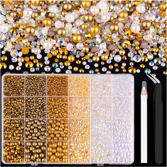 9000PCS Flatback Pearls and Rhinestones for Crafting, White Brown Mixed Size 3-10mm Resin Rhinestones and Half Pearls for Bedazzling, Nail Art and Decoration with Tweezer and Pickup Pencil