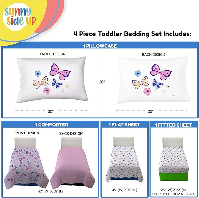 Sunny Side Up Butterfly Toddler Comforter Set - 4 Piece Toddler Bedding Includes Comforter, Sheets & Pillow Cover – Super Soft Purple Floral Microfiber Bed Set