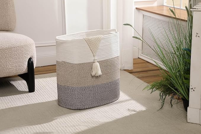 Tall Laundry Basket With Handles,Woven Cotton Rope Big Laundry Hamper Sorters,Versatile Storage for Dirty Clothes,Baby Toys,and Blankets in Bathroom, Nursery,and Living Room (Gradient Brown, 50L)