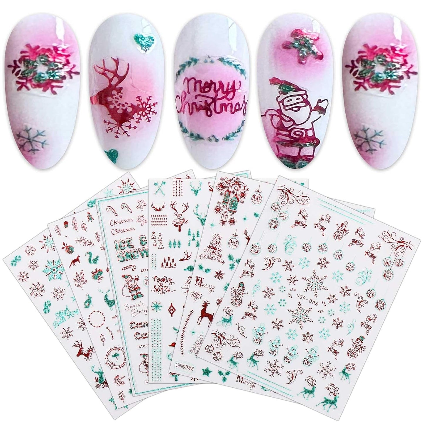 JMEOWIO 9 Sheets Christmas Glitter Nail Art Stickers Decals Self-Adhesive Green Red Snowflake Winter Holiday Nail Supplies Nail Art Design Decoration Accessories