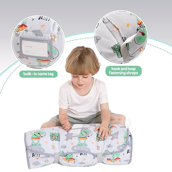 Viviland Toddler Kid Nap Mat for Preschool, Grey Dinosaur Slumber Bag, Daycare Sleeping Bag with Pillow and Blanket, Kindergarten Sleep Mat